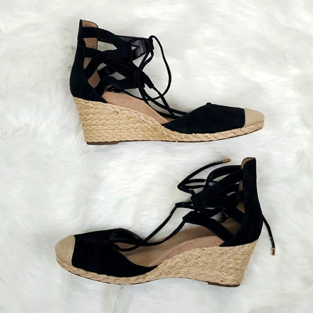 Vionic espadrilles suede black shoes strips women size 9